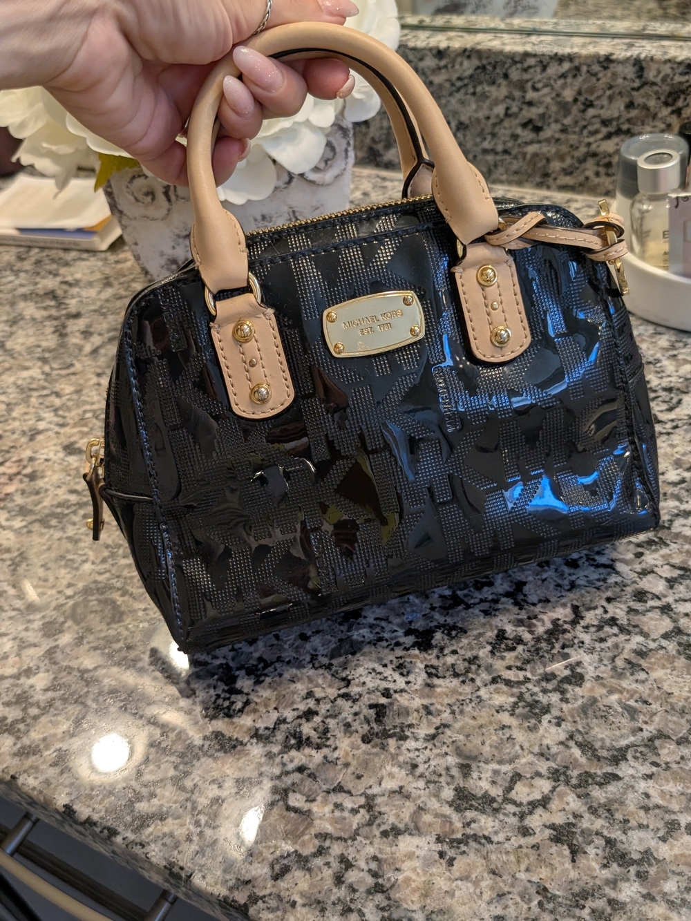 Michael Kors Black Patent Small Satchel with Tan Handles